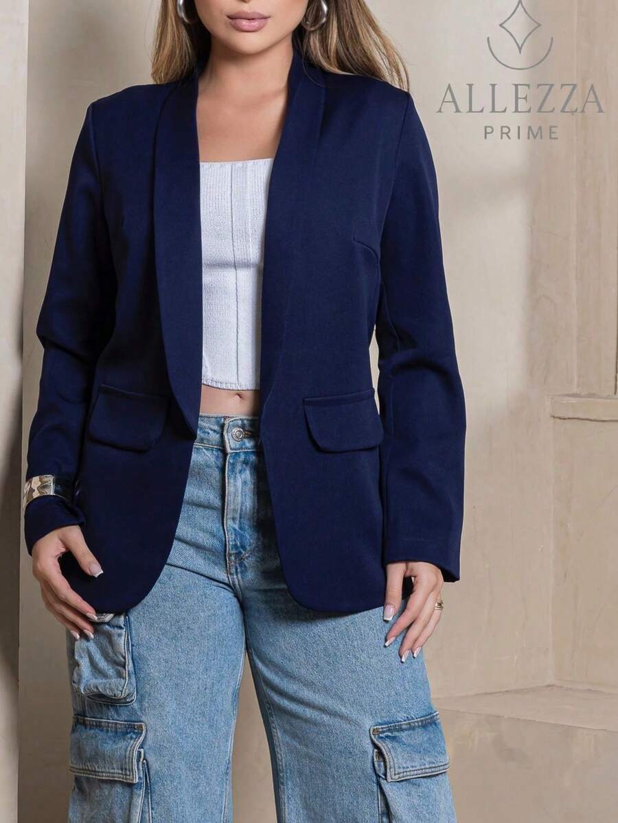 Max Blazer Tailored Luxury Casual Basic Social Sport Elegant Slim Fit Fitted New Release Simple Fabric Faux Pockets Blazer Evening Holiday Wedding Office Daily Birthday Party Formal And Evening Travel Stage And Concert Airport Wear All - Màu xanh hải quân - Xem 1