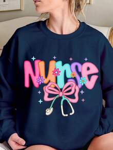 2026 Long Sleeve Tops Women Nurse Theme Printed Sweatshirt - Soft Loose Long Sleeve Sweater With Stethoscope And Nursing Logo, Machine Washable Spring Summer Casual Workwear (Nurse Clothing) - Round Neck Pullover, Bright Stethoscope Bow Design, Medium Elastic Comfortable Fabric, H-Shaped Silhouette Suitable For Daily Wear, Breathable Material Loose And Comfortable Winter Clothes For Women Plus Size Women Clothes - 海軍藍 - 查看 12