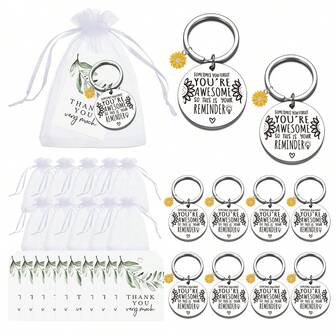 1 pieza/5 piezas/10 piezas/15 piezas Juego de llaveros con girasol inspirador, bolsas de organza, etiquetas de agradecimiento de papel kraft para suministros de fiesta, "Eres genial", palabras inspiradoras, llavero de acero inoxidable, se puede usar junto con llaves de coche, llaves de puerta, accesorios de bolso