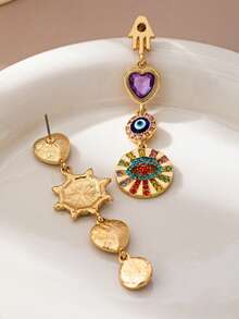 1对复古多元素水钻恶魔眼、手和心形耳环，适合女性日常佩戴或参加派对场合 - 彩色 - 查看 4