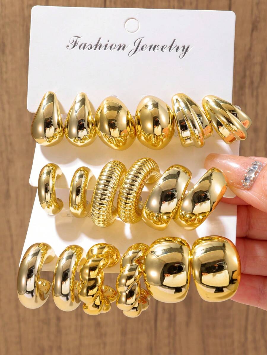 3 pares/9 pares Conjunto de pendientes de aro grueso dorado minimalista y de moda, pendientes de aro gruesos hipoalergénicos para mujeres - Dorado - Ver 1