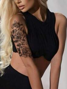 3张性感花卉临时纹身贴纸，逼真黑色玫瑰防水纹身贴，情人节女士人体彩绘，手臂/腿部 - 黑色 - 查看 6