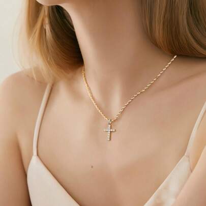 1 Piece - Women's Cross Necklace, Gold-Plated And Silver-Plated Pendant Necklace, Diamond Cross Pendant Necklace, Gold Cross Necklace, Fashionable And Cute Gold Cross Jewelry, Women's Gift