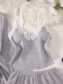 全新 4 件纯色性感舒适睡袍套装 撞色蕾丝袖口配套腰带睡袍可调节肩带深 V 领撞色蕾丝蝴蝶结装饰上衣弹力腰短裤女式性感舒适睡袍套装