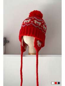 Fair Isle Knit Beanie Hat, Women's Winter Ear Warmer Ski Cap, Versatile Balaclava, Autumn/Winter Warm Knit Trapper Hat With Pom Pom, Retro Style