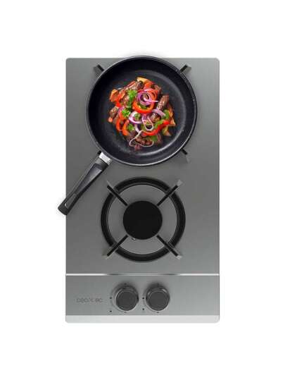 Cecotec Placa de Gas Inoxidable de 2 Fuegos con Quemador Wok y Sistema de Seguridad - Potencia Máxima de 5,25kW, Acabado en Acero Inoxidable de Alta Calidad con Parrillas de Hierro Fundido Individuales. Disfruta de un Cocinado Seguro con el Sistema de Corte Automático de Gas y Encendido Electrónico para Mayor Comodidad. Incluye Accesorio para Conversión a GLP, Adaptable a tus Necesidades - Ideal para Potenciar los Sabores de tus Platillos con Llama de Alta Intensidad y Quemador WOK Triple Corona.