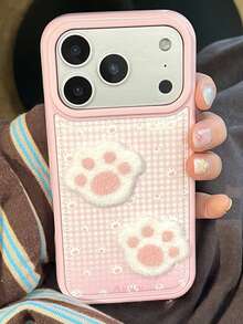 1个可爱卡通毛绒猫爪3D立体皮革格子手机壳，兼容 17 Pro Max、17 Pro Air、16、15、14、13 Pro Max，动物图案柔软后盖，磨砂质感，礼品装 - 粉色 - 查看 2