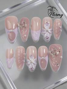 10 Pieces Of Pure Handmade Vintage-Inspired Purple Glossy Jelly-Textured French Nails With Pearl Accents, Medium Almond Shape, Featuring Jelly Gel And Sculpted Tips. Perfect For All Seasons, Holidays, Daily Outings, Winter Adventures, Dates, Runway Shows, And Romantic Occasions. - Lilac Purple - View 8