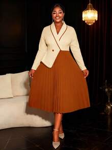 Elegant Plus Size Pleated A Line Dress Long Sleeve Shawl Collar With Button Details And Ruffle Hem Perfect For Church Or Work - 棕色 - 查看 10