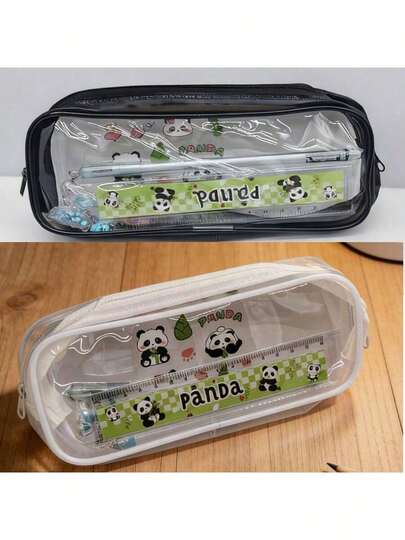 1个透明铅笔盒，考试文具袋（含防水PVC拉链口袋），1支蝴蝶笔，1把熊猫尺，1张熊猫贴纸（黑白两色）