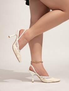 大码女士尖头高跟鞋，时尚细跟鞋，春秋季款 - 米色 - 查看 3
