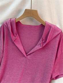 2 件套纯色休闲针织面料抽绳 V 领短款上衣和松紧腰短裤套装，适合春季、夏季、秋季、休闲、运动、健身、日常穿着 - 紫色 - 查看 4