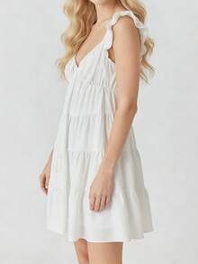 Women Tiered Mini Dress Solid V Neck Flutter Sleeve Backless A-Line Short Dress For Daily Party Club - 白色 - 查看 5