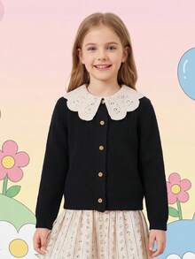 Tween Girl Peter Pan Collar Fashion Front Button Knit Embroidered Floral Decor Cardigan - Black - View 4