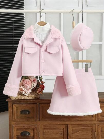 青少年女孩舒适运动风格粉色长袖上衣+裙子+帽子三件套，秋季。休闲长袖夹克和短裤套装，适合春夏秋季日常穿着、上学、户外