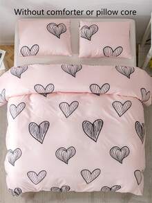 2/3Pcs Pink Heart Print Duvet Cover Set (1/2 Pillowcases, 1 Duvet Cover, Without Filling). Crafted With Ultra-Soft, Breathable Fabric Suitable For All Seasons, This Bedding Set Is Perfect For Cozy And Inviting Bedrooms. - Baby Pink - View 4