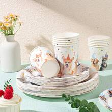 Dog Themed Disposable Tableware Set, Includes 7/9 Inch Paper Plates And Paper Cups, Suitable For Birthday Parties, Festivals, Gatherings, Picnics, Celebrations, Wedding Tea Parties, Graduation Ceremonies, Disposable Party Supplies
