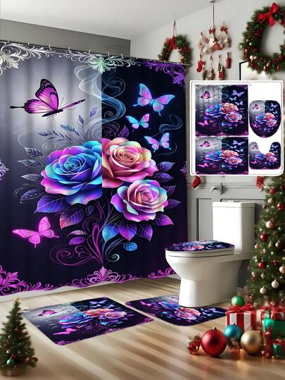 1/3/4 Pcs Blue & Purple Ombre Rose Flower & Butterfly Pattern Bathroom Set, Including U-Shaped Toilet Mat, Toilet Seat Cover, Bathroom Decor, Shower Curtain Set With 12 Hooks, Bathroom Non-Slip Mat, Toilet Seat Cover And U-Shaped, Bathroom Window Curtain Shower Set, Modern Home Room Decor, Hanging Curtain, Suitable For Home Decor, Bathroom Decor, Valentine''s Day Decoration