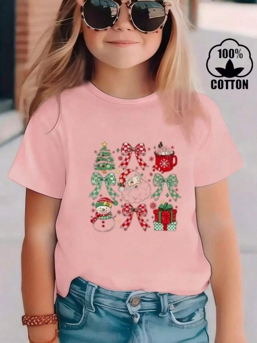 Esta nueva camiseta de manga corta para niña está hecha 100 % de algodón y luce un elegante estampado navideño. Es informal y versátil. Su tejido suave y agradable al tacto es delicado con la piel, lo que permite que las niñas se muevan con libertad y comodidad durante las reuniones familiares, los eventos escolares o los juegos al aire libre. - Rosa - Ver 1
