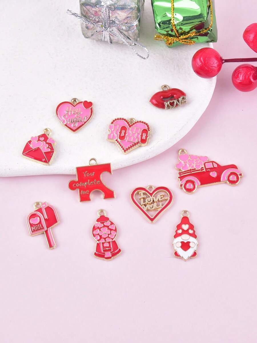 10pcs/Set Valentine's Day Love Envelope Metal Charms DIY Pendant Earring Necklace Keychain Holiday Birthday Gift Jewelry Design Making - Red - View 1