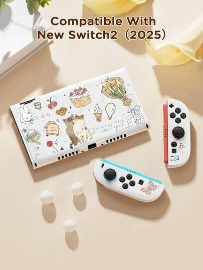 猫咪蛋糕、樱桃、郁金香图案保护壳，兼容Switch、新款Switch 2 (2025)/Switch NS/Switch OLED，无需取下保护壳即可安装在底座上，通用游戏手柄保护套，Switch游戏配件，防摔、防滑、防刮，时尚优雅，适合秋季、圣诞节、返校季、冬季等各种场合。