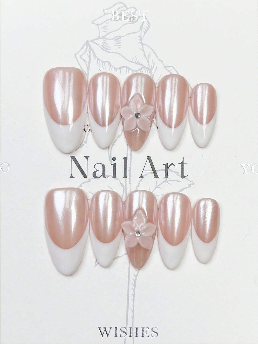 10片手工美甲,杏仁形美甲,按压式美甲,中号,柔和浅粉色美甲,白色法式美甲,极光粉手绘花卉3D雕刻压花樱花,镶嵌小钻石,前卫优雅简约秋季美甲,秋季按压式美甲,冬季假指甲,节日美甲,派对日常及约会适用,海滩热带度假适用,DIY假指甲艺术,适合女性和女孩作为礼物美甲用品 - 粉色 - 查看 1