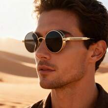 1 Pair Unisex Steampunk Style Round Frame Fashion Glasses, Metal Frame Fashion Eyewear For Men And Women - Gold Frame Gray Film - View 7