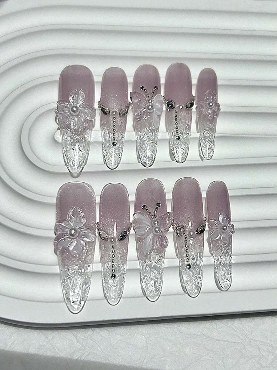 10pcs 3D Stereoscopic Wisteria Flower Handmade Press-On Nails, Shiny Purple & Pink Cat Eye Fake Nails, Pearl Butterfly Petal Long Nail Art Supplies (1pc Jelly Sticker + 1pc Nail File) - Mauve Purple - View 1