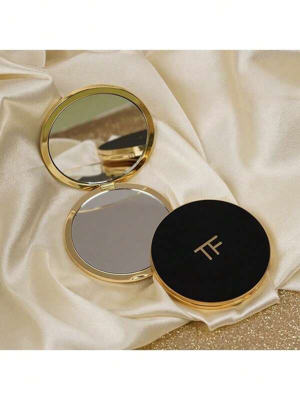 Tom Ford Luxury Black & Gold Compact Makeup Mirror, Metal Frame, Folding Double-Sided Design, Portable, Suitable For Commuting, Parties, Christmas Gifts, Vanity Decor