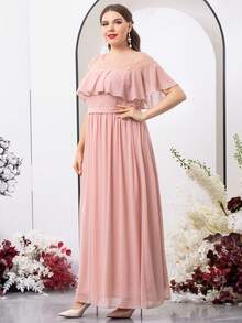 UNITHORSE Ruffle Sleeve Chiffon Formal Dress - Pink - View 1