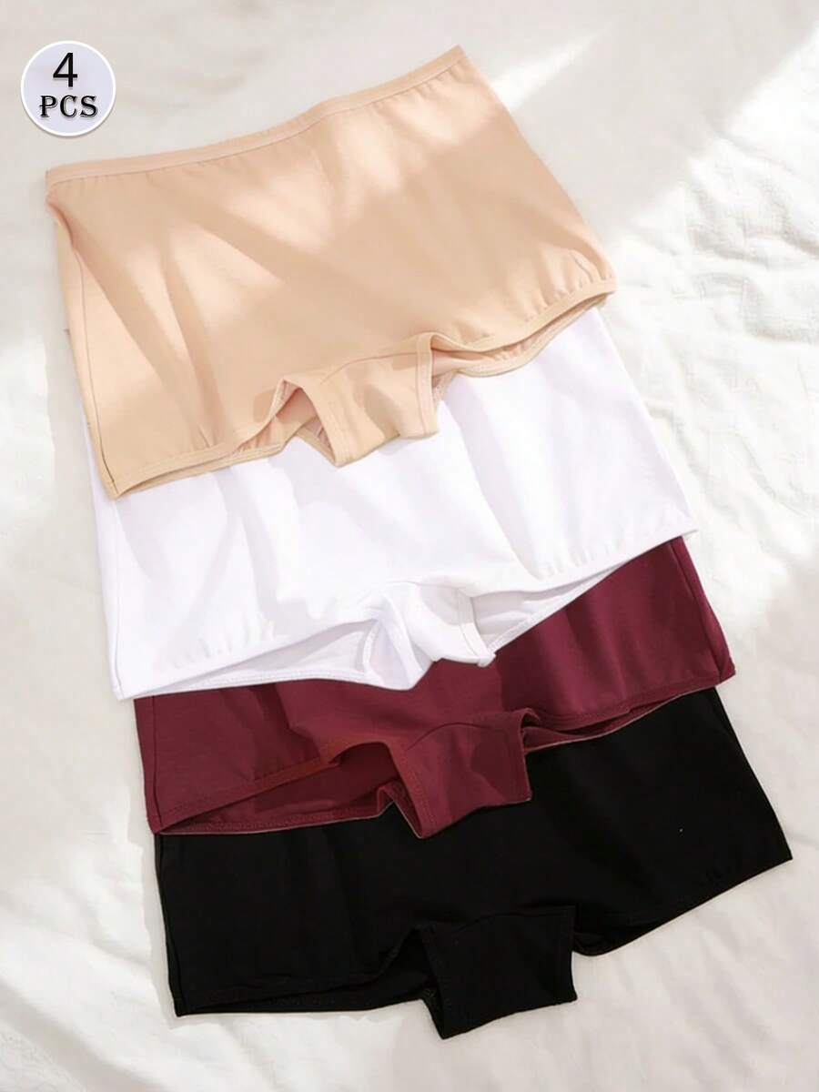 4 chiếc/gói quần lót nữ kiểu quần đùi rộng rãi, thoải mái, chất liệu vải dệt kim, màu trơn, co giãn vừa phải, nhiều màu. - Nhiều màu - Xem 1