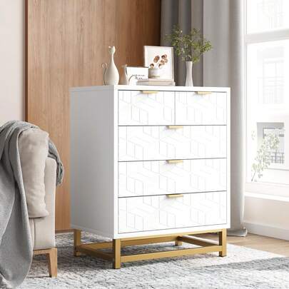 Techigher 5 Drawer Dresser, Tall Chest With Metal Legs, Wood Storage Organizer For Bedroom, Hallway, Or Living Room