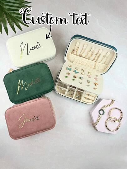 1pc Customized Jewelry Box Bridesmaid Gift Travel Jewelry Box Premium Velvet Jewelry Travel Case Wedding Bride Gift, Women's Velvet Jewelry Organizer Box With Drawer, Christmas Gift, Gift For Her