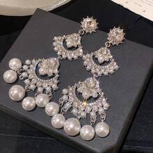 1 Pair French Luxury  Inlaid Imitation Pearl Tassel Earrings Creative Fashion Light Luxury Palace Style Large And Small Fan-Shaped Splicing Design Women's Earrings Suitable For Women's Weddings Banquets Parties - Bạc - Xem 8