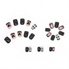 4 Boxes 96Pcs Short Squoval Press On Nails 24PCS Gothic Diamond Grid Sweet & Edgy Heart Press On Nails, Oval False Nails, Skin-Brightening Fall Winter Edgy Insta Fashion Nails For Women & Teens | Perfect For Party, Concert, Halloween & Daily Wear.Nail Charms,Valentines,Uñas Acrílicas,Nail Tech Supplies,Short Press On Nails. - 黑色376 - 查看 5