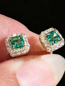 1 Pair Men's Earrings, Copper Inlaid Green Zirconia Square Earrings, Daily Accessory Gift - Square Earrings - View 4