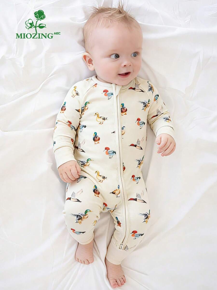 MIOZING  Long-Sleeve Jumpsuit / Featuring A Colorful Duck Print/  Highly Elastic / Machine Washable / Suitable For Outdoor Use / Bamboo Fiber Fabric /  Cute Design /    Baby Boy Clothes / Baby Clothes / Boy Baby Clothes / Thanksgiving /  Halloween  / Christmas - 杏色 - 查看 1