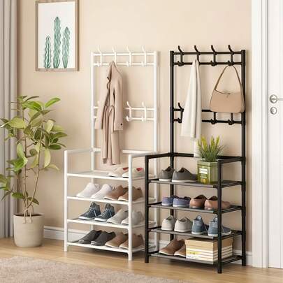Ce porte-manteau et range-chaussures sur pied à 5 niveaux est un meuble de rangement multifonctionnel avec crochets. Il convient aux entrées, chambres, dressings et autres pièces de la maison. Une version renforcée permet également de faire sécher le linge, de suspendre des sacs et de ranger les chaussures à l'intérieur. Facile à monter soi-même, il est idéal pour les chambres et les dortoirs, offrant des combinaisons flexibles et élégantes. Pliable, il est conçu pour les débutants. Ce porte-manteau comporte cinq niveaux et mesure 80 cm (longueur) x 26 cm (largeur) x 171 cm (hauteur).