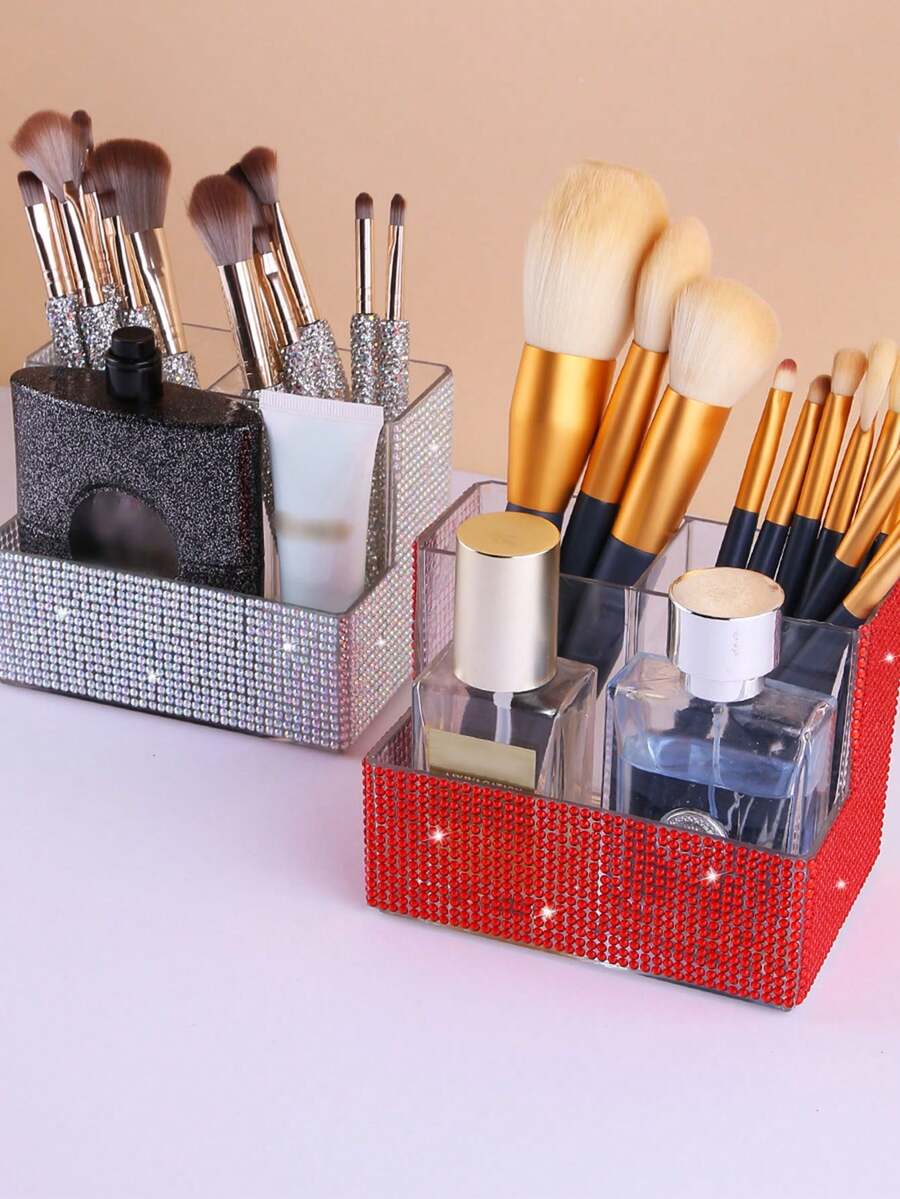 Organizador de brochas de maquillaje con strass brillantes, soporte de 3 ranuras para almacenamiento de brochas de maquillaje con cristales de strass brillantes, soporte para bolígrafos y lápices con brillo para escritorio, estuche para exhibición de delineadores para tocador, organizador de escritorio con brillo para mujeres, soporte para brochas de maquillaje y bolígrafos con strass, accesorios de escritorio con estilo para oficina, aula, vuelta al cole, eleva tu espacio de trabajo con serenidad - Multicolor - Ver 1