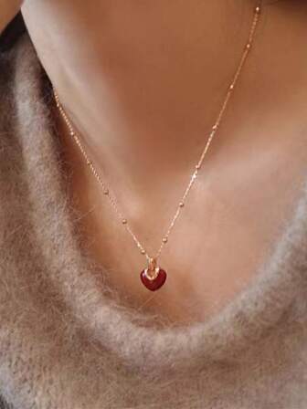 1pc Elegant Luxury Sweet Minimalist Short Necklace With Red Heart Pendant, Stylish Clavicle Chain Accessory Gift
