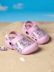 1 Pair Girls' Comfortable Fashion Casual Lightweight Cute Pink Heart Print Outdoor Beach Toe-Protection Clogs, Spring/Summer - Pink - View 1
