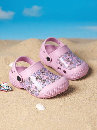 1 Pair Girls' Comfortable, Fashionable, Casual, Lightweight, Cute Pink Heart Print Outdoor Beach Sandals, Spring/Summer