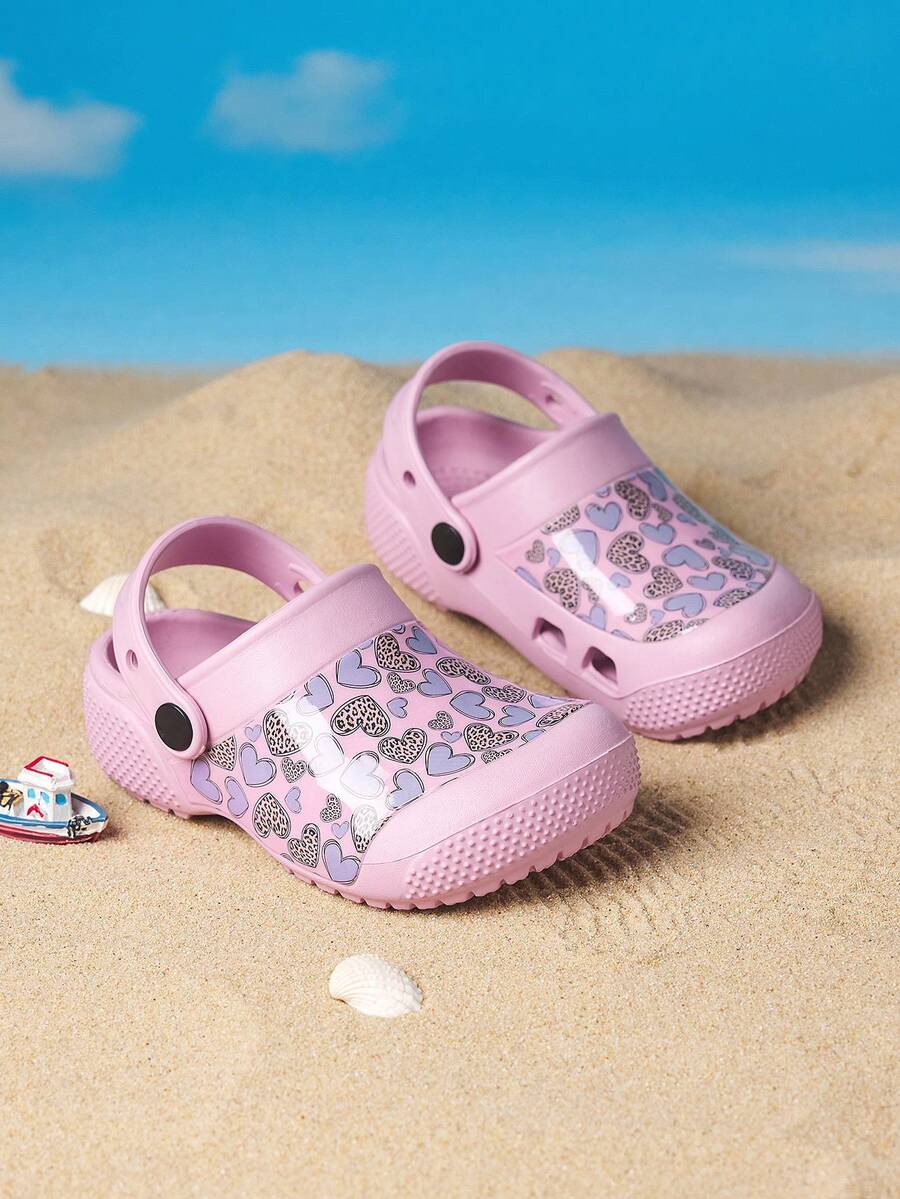1 Pair Girls' Comfortable Fashion Casual Lightweight Cute Pink Heart Print Outdoor Beach Toe-Protection Clogs, Spring/Summer - Pink - View 1
