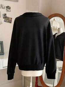 Women's Loose Split Zip-Up Hoodie, Fleece-Lined Casual Sport Sweatshirt With Half-Zip & Turn-Collar, Graduation/Teacher/Back To School Pullover For Spring/Autumn, Women Curve Essential, Christmas Long Sleeve Top & Valentine/New Years Outfit, Holiday Gift - màu đen - Xem 6