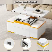 Modern White Lacquered Coffee Table, Elegant Side Table, Multifunctional, Height-Adjustable Coffee Table, Folding Dining/Living Room Furniture, 100 X 50 X 43 Cm (L X W X H) - White + MDF + Particleboard - View 9