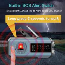 应急NOAA天气收音机，便携式手摇收音机，太阳能供电带电池备用，AM/FM/NOAA频道，SOS报警，2000mAh可充电电池移动电源，3颗LED手电筒，Type-C充电，适用于室内外徒步露营等紧急情况