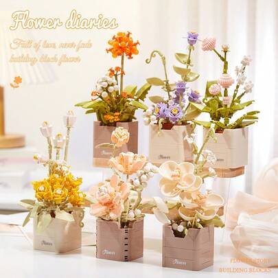 1件DIY创意模块化积木永生花篮，包含百合、玫瑰、向日葵、紫罗兰、郁金香、康乃馨、菊花、扶桑花等花卉盆栽装饰，生日/万圣节/圣诞节礼物