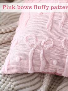 蝴蝶结抱枕套套装（1件）房间装饰可爱仿毛皮柔软蝴蝶结学院风蓬松毛绒美观抱枕套，适用于床、沙发、躺椅，秋冬季情人节装饰 - 淺粉色 - 查看 4