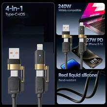 240W 超级快充四合一多功能液态硅胶铝合金数据线，USB A/Type-C/Lightning接口，高效数据传输线，兼容 17/16/15/14/13/12/11/Xs/Xr/8/7/6、S24 Ultra/S24/S23 Ultra/S23/S22/S21，通用型 - 彩色 - 查看 3
