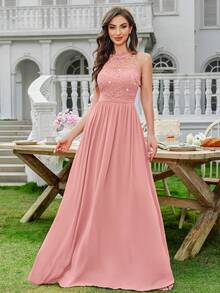 MIUSOL 亮片花卉蕾丝露背褶皱雪纺正式派对长裙，正式晚礼服，适合婚礼宾客、毕业典礼、宴会和其他场合 - 粉色 - 查看 7